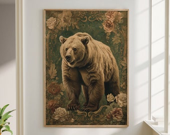 Könnte beinhalten: Eine Vintage-Illustration eines Braunbären, der in einer üppigen grünen Waldlandschaft steht. Der Bär ist von Blumen und Blättern umgeben, was ein fantasievolles und von der Natur inspiriertes Design ergibt.
