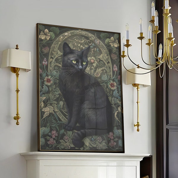 William Morris Inspired Cat Art Print, Cat Lover Gift, Cat Mom, Black Cat Decor Painting, Cat Portrait, Large Wall Art Canvas #194