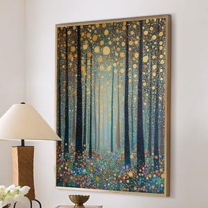 May include: A room interior featuring a round marble table with a dark wood base, topped with a lamp and books. A forest-themed painting hangs on the wall. Two white ottomans with dark wood legs are in front of the table.