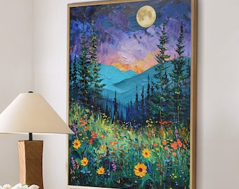 Moon with Wildflower Field Meadow Print, Floral Flower Poster Botanical, Dark Cottagecore Decor, Moody Large Wall Art Canvas #2343