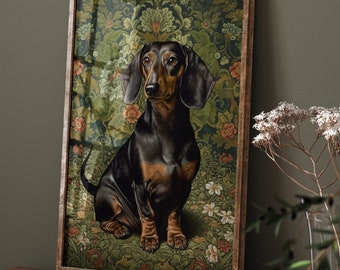 William Morris Inspired Dachshund Dog Art Print, Dachshund Gift, Dachshund Art, Dog Wall Art, Bathroom Large Wall Art Canvas #207