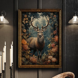 William Morris Inspired Deer Autumn Art Print Fall Poster Rustic Farmhouse Forest Large Wall Art Canvas Warm Color Thanksgiving #953