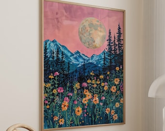 Moon with Wildflower Field Meadow Print, Floral Flower Poster Botanical, Dark Cottagecore Decor, Moody Large Wall Art Canvas #2340