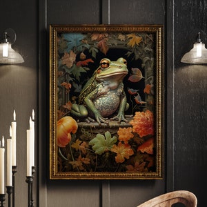 William Morris Inspired Frog Autumn Art Print Fall Poster Rustic Farmhouse Forest Large Wall Art Canvas Warm Color Thanksgiving #983