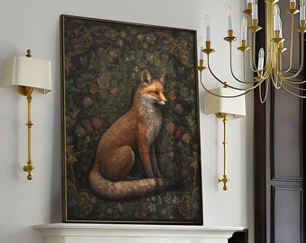 William Morris Inspired Fox Art Print, Fox Print Poster Nature Living Room Art,Forest Wall Art,Kitchen Art,Large Wall Art Canvas #215