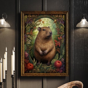 William Morris Inspired Capybara Autumn Art Print Fall Poster Rustic Farmhouse Forest Large Wall Art Canvas Warm Color Thanksgiving #935