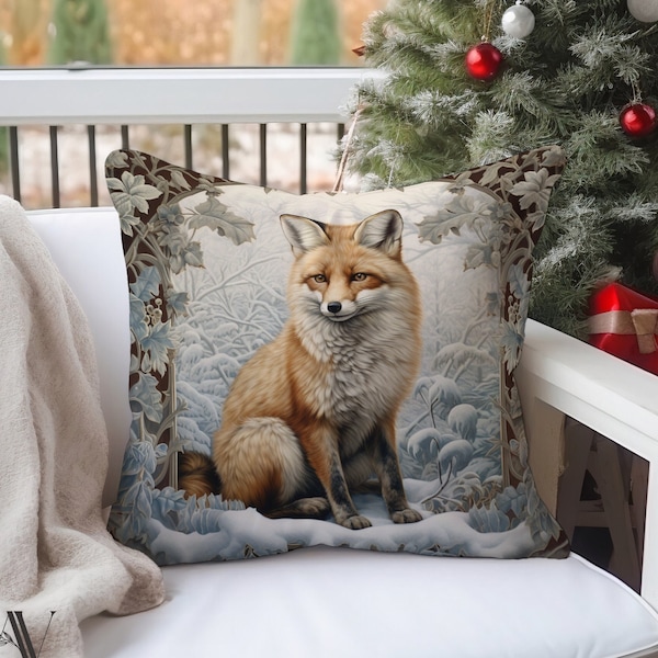 Fox Pillow William Morris Inspired Winter Christmas Accent Pillow Throw Woodland Farmhouse Floral Botanical Nursery #1321