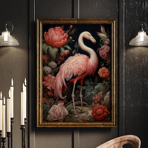 William Morris Inspired Flamingo Autumn Art Print Fall Poster Rustic Farmhouse Forest Large Wall Art Canvas Warm Color Thanksgiving #977