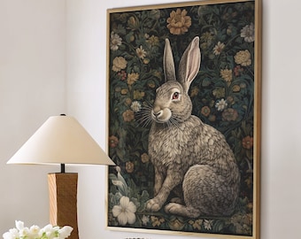 William Morris Inspired White Rabbit Art Print Animal Bunny Decor, Year of the Rabbit, Rabbit Lover Gift,Large Wall Art Canvas #224