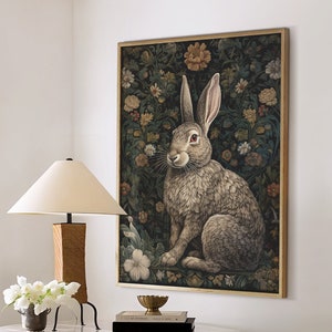 William Morris Inspired White Rabbit Art Print Animal Bunny Decor, Year of the Rabbit, Rabbit Lover Gift,Large Wall Art Canvas #224