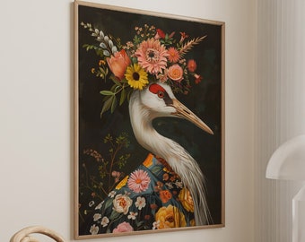 Crane Maximalist Eclectic Animal Portrait Print Funky Animal Poster Decor Colorful Altered Painting Large Wall Art Canvas #2243