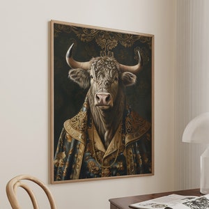 Bull Royal Renaissance Portrait Vintage Print Victorian Animal Portrait Decor Poster Altered Painting Large Wall Art Canvas #2171