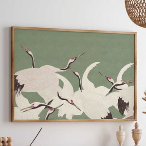 Chinoiserie Art Print Cranes Chinese Wall Art Japanese Decor Asian Botanical Art Floral, Classic Art Print, Large Wall Art Canvas #735