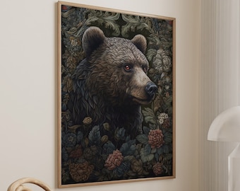 Könnte beinhalten: Eine gerahmte Illustration eines braunen Bären mit roten Augen, umgeben von einem dunkelgrünen, blauen und roten Blumenmuster.