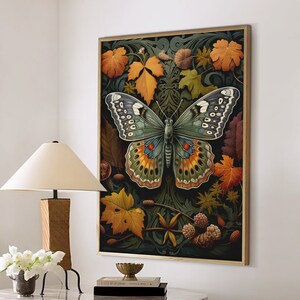 William Morris Inspired Butterfly Autumn Art Print Fall Poster Rustic Farmhouse Forest Large Wall Art Canvas Warm Color Thanksgiving #932