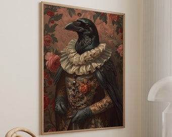 Crow Raven Royal Renaissance Portrait Vintage Print Victorian Animal Portrait Decor Poster Altered Painting Large Wall Art Canvas #2177