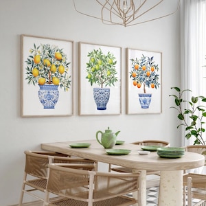 Chinoiserie Art Print Citrus Trees Orange Lime Lemon Ginger Jars Chinese Asian Decor, Canvas Large Wall Art Set of 3 Gallery Triptych #754