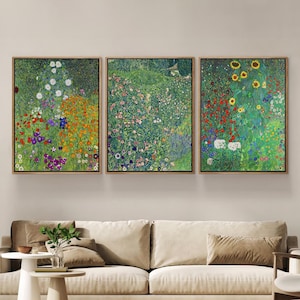 Gustav Klimt Summer Garden, Vintage Nature Landscape, Oil Painting Wedding Gift, Large Wall Art Set of 3 Gallery Triptych Canvas #2436