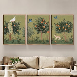 William Morris Inspired Woodland Print, Folk Art Poster Floral Botanical Landscape, Large Wall Art Set of 3 Gallery Triptych Canvas #2559