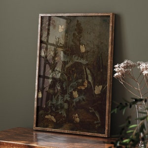 Dark Floral Botanical Butterfly Moody Wall Art Vintage Goblincore Cottagecore Decor Dark Academia Prints Canvas Large Wall Art Dark #837