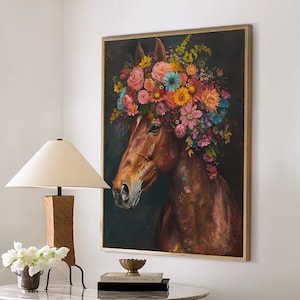 Horse Maximalist Eclectic Animal Portrait Print Funky Animal Poster Decor Colorful Altered Painting Large Wall Art Canvas #2262