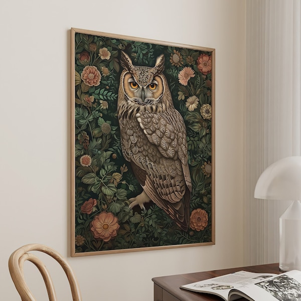 Stampa artistica del gufo ispirato a William Morris, stampa di uccelli, arte della parete del gufo, stampa della foresta, regalo del gufo, poster del gufo uccello natura grande tela artistica da parete #1616