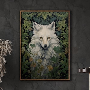 William Morris Inspired White Wolf Art Print Animal Wall Art Dog, Fantasy Art Nature, Extra Large Wall Art Oversized Art Canvas #445