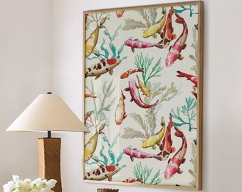 Chinoiserie Art Print Koi Fish, Chinese Wall Art Decor Aziatische botanische kunst bloemen, klassieke kunstprint, grote muur kunst canvas #706