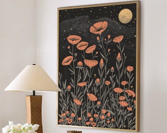 Moon with Wildflower Field Meadow Print, Floral Flower Poster Botanical, Dark Cottagecore Decor, Moody Large Wall Art Canvas #2335