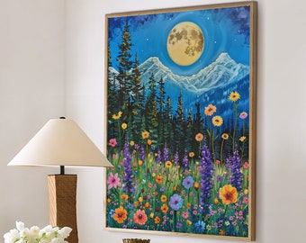 Moon with Wildflower Field Meadow Print, Floral Flower Poster Botanical, Dark Cottagecore Decor, Moody Large Wall Art Canvas #2341