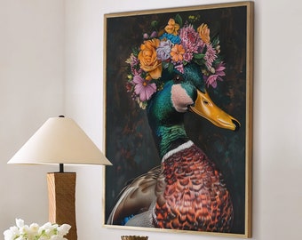 Mallard Duck Maximalist Eclectic Animal Portrait Print Funky Animal Poster Decor Colorful Altered Painting Large Wall Art Canvas #2268
