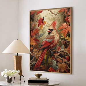 William Morris Inspired Northern Cardinal Bird Autumn Art Print Fall Poster Rustic Farmhouse Forest Large Wall Art Canvas Warm Color #926