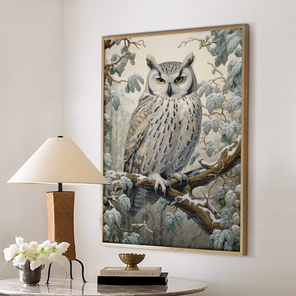 William Morris Inspired Horned Owl Bird Winter Art Print Poster Rustic Farmhouse Woodland Extra Large Wall Art Canvas Christmas #1189