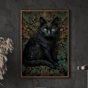 William Morris Inspired Black Cat Art Print, Cat Lover Gift, Cat Mom, Black Cat, Cat Decor Painting Portrait, Large Wall Art Canvas #197