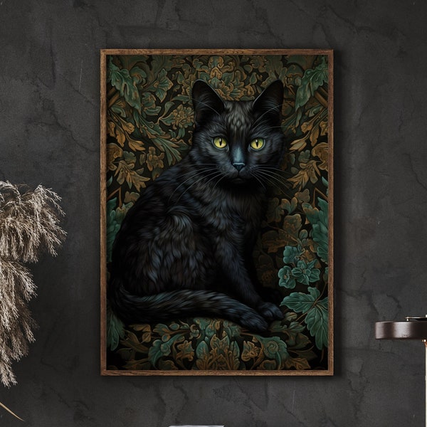 William Morris Inspired Black Cat Art Print, Cat Lover Gift, Cat Mom, Black Cat, Cat Decor Painting Portrait, Large Wall Art Canvas #197