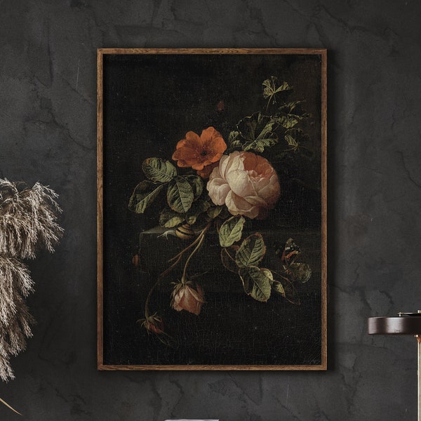 Still Life with Roses, Moody Wall Art Eclectic Vintage, Goblincore Cottagecore Decor Dark Academia Prints, Canvas Large Wall Art Dark #329