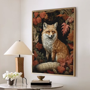 William Morris Inspired Fox Autumn Art Print Fall Poster Rustic Farmhouse Forest Large Wall Art Canvas Warm Color Thanksgiving #980