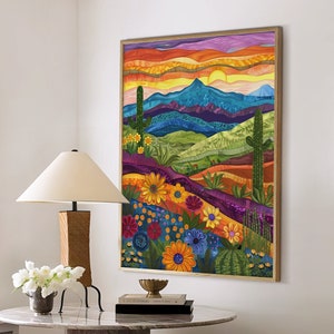 Western Art Print, Western Home Decor, Floral Flower Poster Botanical, Maximalist Landscape Painting, Large Wall Art Canvas #2403