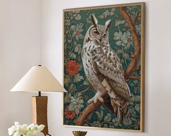 William Morris Inspired Owl Art Print, Bird Print, Owl Wall Art, Forest Print, Owl Gift, Owl Poster Bird Nature Large Wall Art Canvas #1617