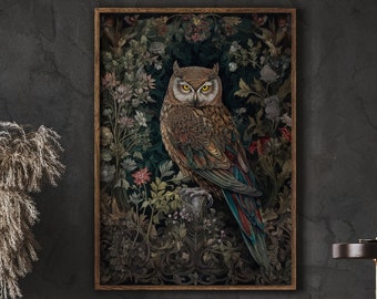 William Morris inspiró la impresión de arte del búho, la impresión de aves, el arte de la pared del búho, la impresión del bosque, el regalo del búho, el cartel del búho, la naturaleza del pájaro, el lienzo de arte de pared grande #219