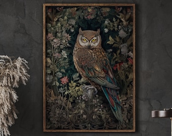 William Morris inspiró la impresión de arte del búho, la impresión de aves, el arte de la pared del búho, la impresión del bosque, el regalo del búho, el cartel del búho, la naturaleza del pájaro, el lienzo de arte de pared grande #219