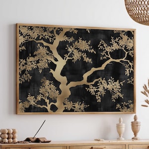 Chinoiserie Art Print Gold Trees Chinese Wall Art Decor Asian Botanical Art Floral, Classic Art Print, Large Wall Art Canvas #2880