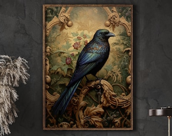 William Morris Inspired Raven Art Print Dark Moody Crow Bird, Witchy Gothic Art Spooky Bird Lover Gift, Large Wall Art Canvas Halloween #437