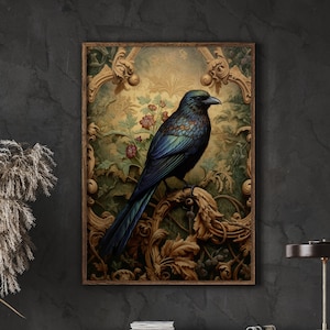 William Morris Inspired Raven Art Print Dark Moody Crow Bird, Witchy Gothic Art Spooky Bird Lover Gift, Large Wall Art Canvas Halloween #437