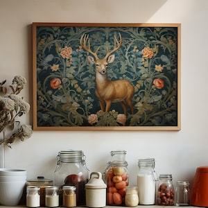 William Morris Inspired Deer Art Print Poster Rustic Farmhouse Woodland Extra Large Wall Decor Nature Cabincore Canvas #1377