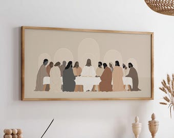 Jesus The Last Supper Art Print Poster Minimalist Modern Christian Farmhouse Neutral Catholic Painting Large Wall Art Canvas Giclee #5003
