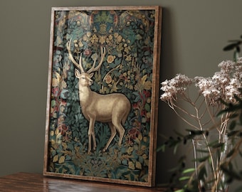 William Morris Inspired Deer Art Print, Nature Wall Art, Nature Prints, Animal Prints, Forest Wall Art, Kitchen Large Wall Art Canvas #212