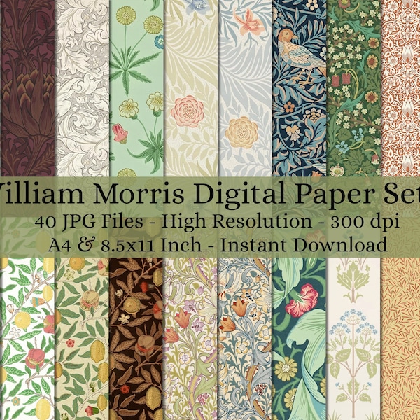 40-Sheet Printable William Morris Digital Paper Decoupage, Collage Paper Art, Decorative Paper, Junk Journal Kit, Digital Paper Pattern #454