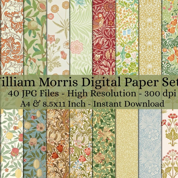 40 feuilles imprimables William Morris Digital Paper Decoupage, Collage Paper Art, Papier décoratif, Junk Journal Kit, Digital Paper Pattern #458