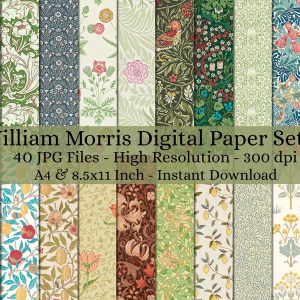40 Sheet Printable William Morris Digital Paper Decoupage, Collage Paper Art, Decorative Paper, Junk Journal Kit, Digital Paper Pattern #455
